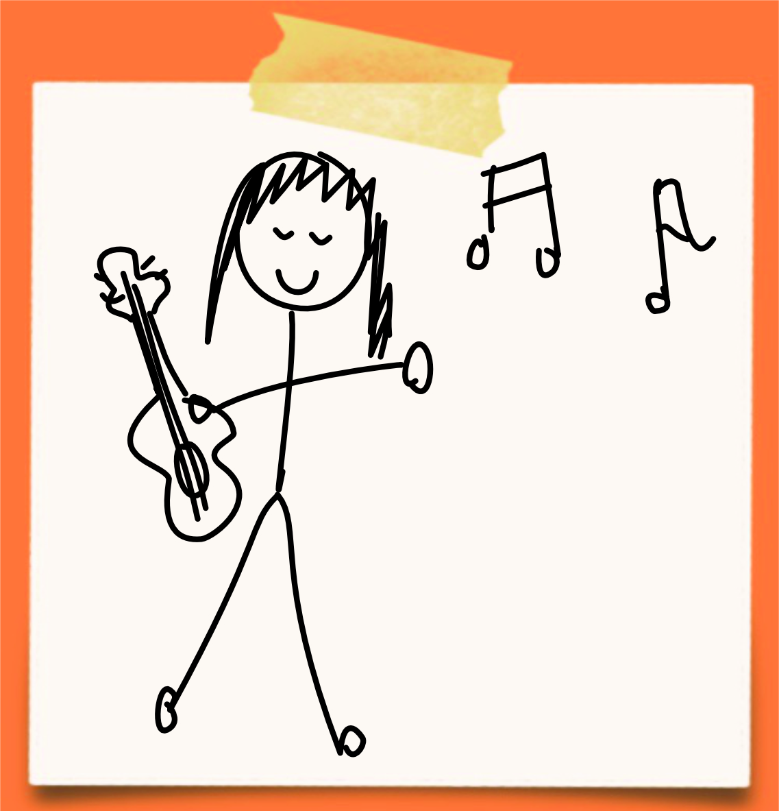 Cartoon of a person holding a ukelale with music notes
