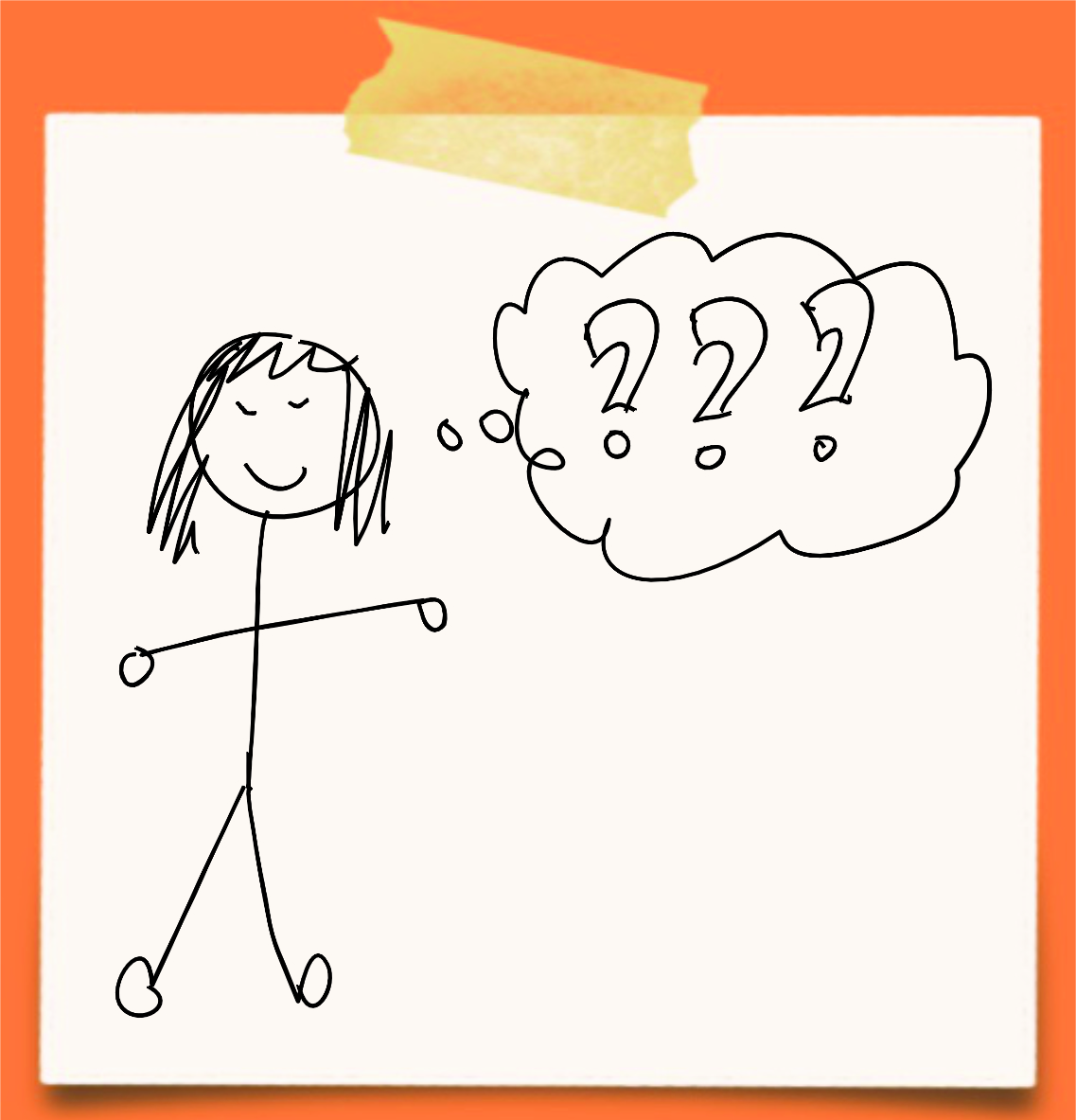 Cartoon of a person thinking about lots of question marks